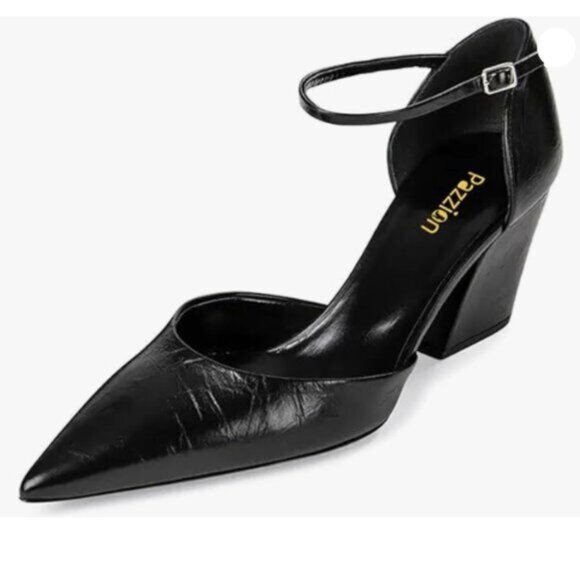 Pazzion Women's Closed Pointy Toe D'Orsay Pumps Strap Buckles Chunky High HeeL - Picture 1 of 8